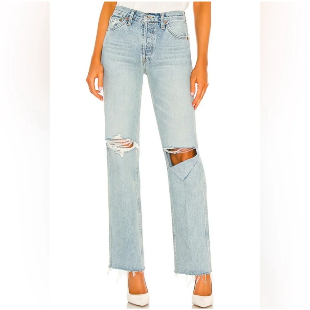 Re/Done 90’s High Rise Loose Distressed Light Wash Button Fly Jeans 24 (27x31)